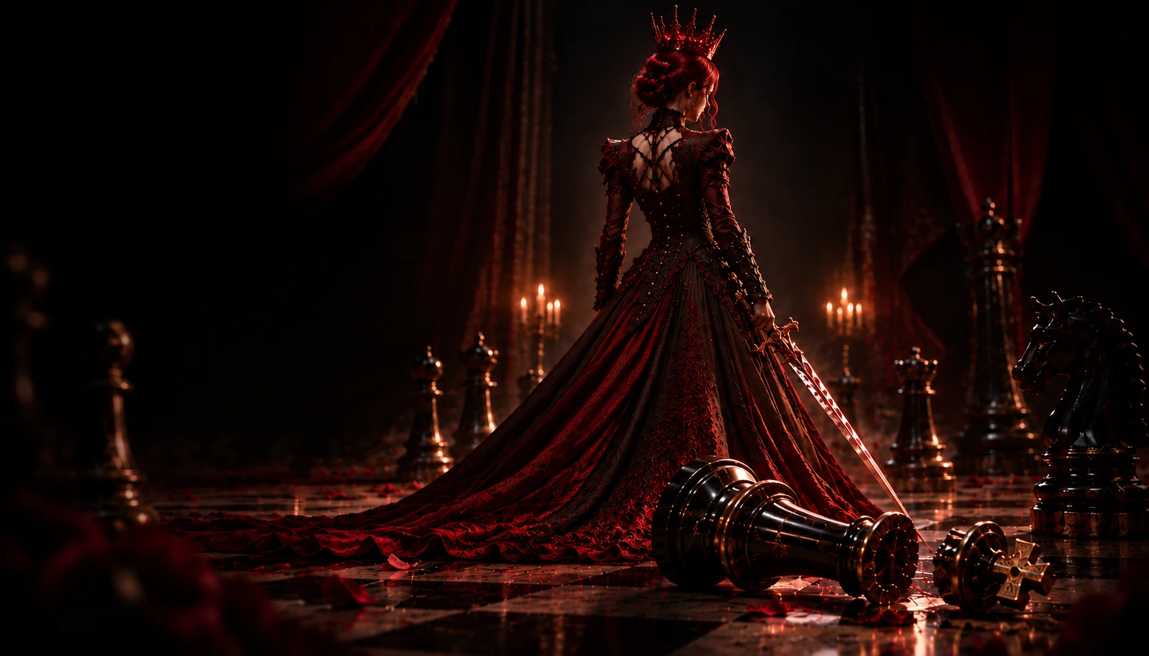 The blood-red-haired Duchess stands on a black chessboard with her sword. A fallen king lies in front of her, its cross-topped head clearly separated from the body.